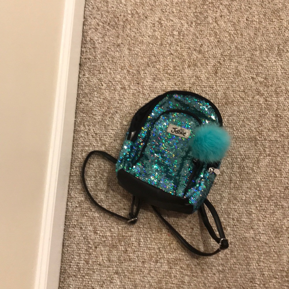 Justice blue sequins mini backpack with Pom Pom